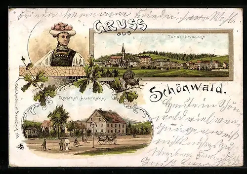 Lithographie Schönwald, Totalansicht, Gasthof Auerhahn, Frau in Tracht