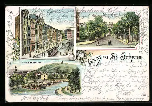 Lithographie St. Johann, Reichsstrasse, Untere Bahnhofstrasse, Parthie an der Saar