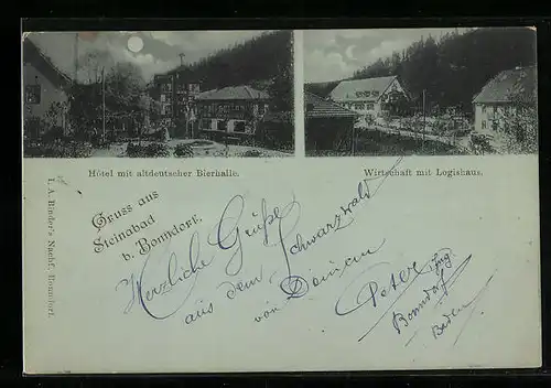 Mondschein-AK Steinabad b. Bonndorf, Hotel mit altdeutscher Bierhalle, Wirtschaft mit Logishaus