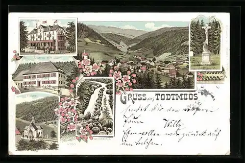 Lithographie Todtmoos, Kurhaus, Gasthof zum Löwen, Wasserfall