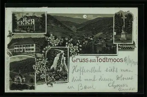 Mondschein-Lithographie Todtmoos, Gasthof zum Löwen, Kurhaus, Wasserfall