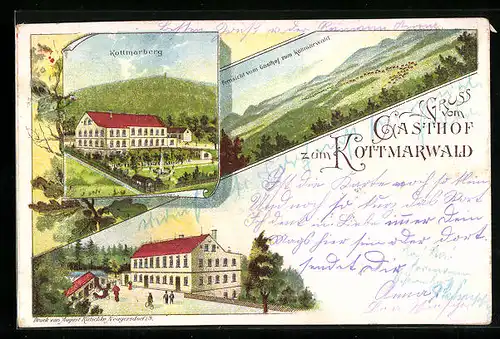 Lithographie Eibau, Gasthof zum Kottmarwald, Kottmarberg, Fernsicht vom Gasthof