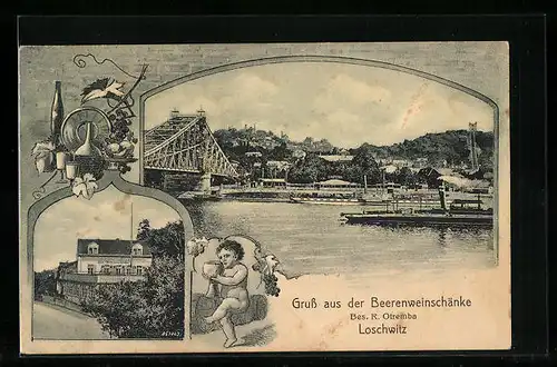 AK Dresden-Loschwitz, Uferpartie mit Brücke, Gasthaus Beerenweinschänke Bes. R. Otremba