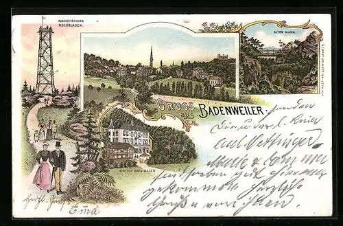 Lithographie Badenweiler, Aussichtsthurm Hochblauen, Alter Mann, Schloss Haus-Baden