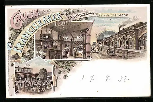 Lithographie Berlin, Gasthaus Franciskaner, Stadtbahnhof, Friedrichstrasse