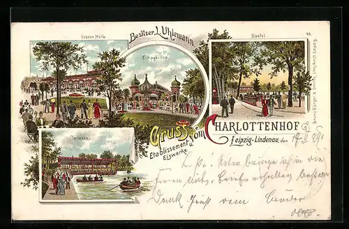 Lithographie Leipzig-Lindenau, Etablissement Charlottenhof, Bastei, Terrasse, Eckpavillon