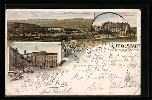 Lithographie Rudolstadt, Ortsansicht, Der Markt, Rudolsbad