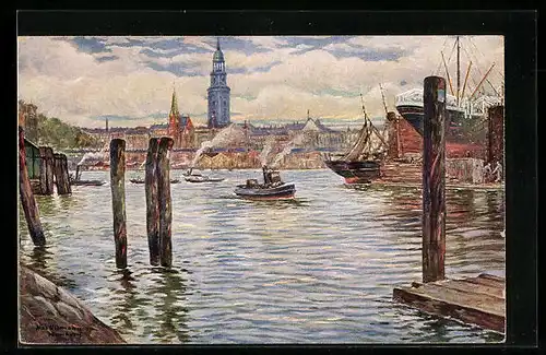 Künstler-AK Hamburg-Neustadt, Ansicht vom Steinwärder mit Reiherstiegwerft und Michaelisturm