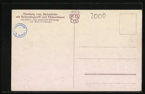 Künstler-AK Hamburg-Neustadt, Ansicht vom Steinwärder mit Reiherstiegwerft und Michaelisturm