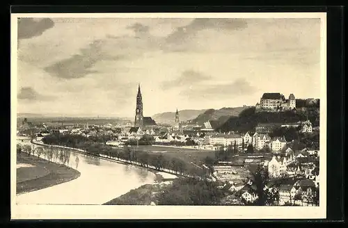 AK Landshut a. d. Isar, Ortsansicht mit Kirche und Fluss