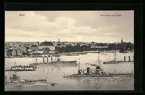 AK Kiel, Panorama und Hafen mit Dampfschiffen