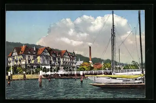 AK Kiel, Logierhaus des Kaiserlichen Yachtklubs mit Booten