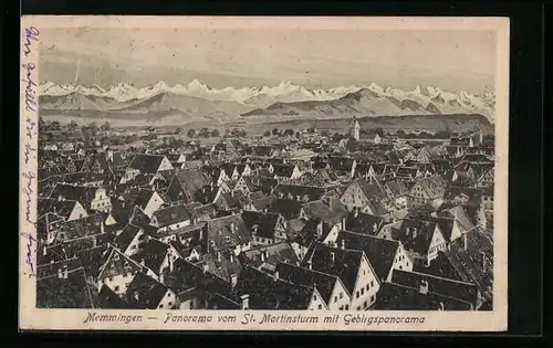 AK Memmingen, Panorama vom St. Martinsturm mit Gebirgspanorama