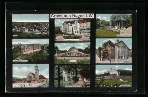 AK Hagen i. W., Parkhaus, Städt. Krankenhaus, Bahnhof