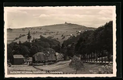 AK Neuhausen, Ortspartie mit Schloss Purschenstein u. Schwartenberg