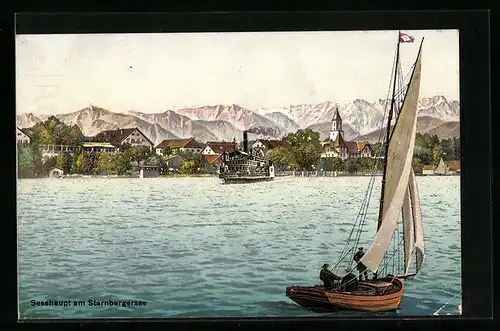 AK Seeshaupt, Ortsansicht mit dem Starnberger See