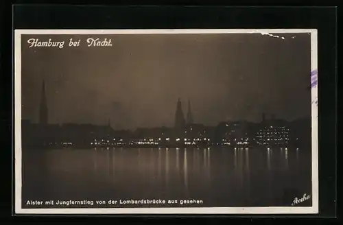 AK Hamburg-Neustadt, Alster mit Jungfernstieg von der Lombardsbrücke gesehen, bei Nacht