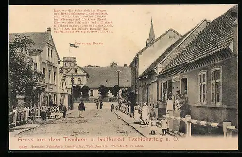 AK Tschichertzig a. O., Strassenpartie mit Restaurant Becker