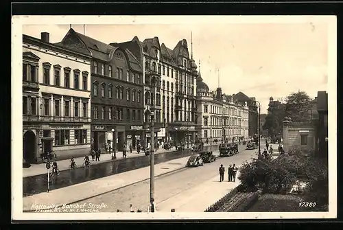 AK Kattowitz, Bahnhof-Strasse mit Agrar & Commerzbank