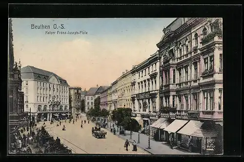 AK Beuthen, Kaiser Franz-Joseph-Platz aus der Vogelschau