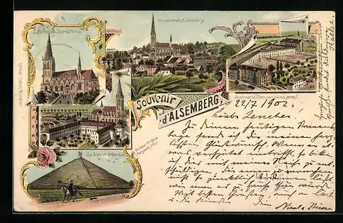 Lithographie Alsemberg, Vue generale, Eglise de Notre Dame, Le Lion de Waterloo