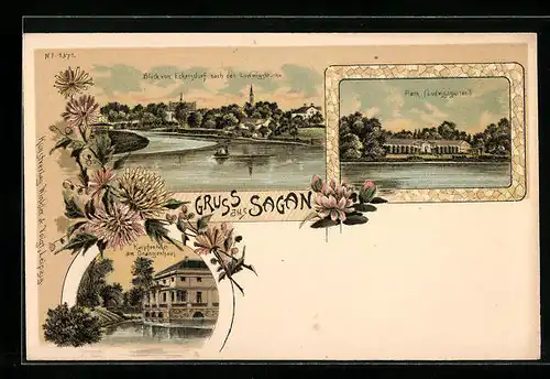 Lithographie Sagan, Blick von Eckersdorf nach der Ludwigsbrücke, Park, Karpfenteich