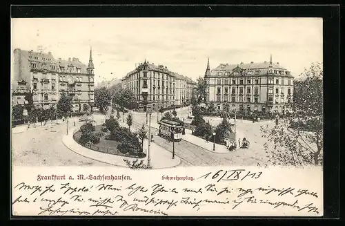 AK Frankfurt a. M.-Sachsenhausen, Schweizerplatz mit Strassenbahn