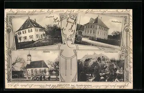 AK Hausen b. Munderkingen, Pfarrhof, Schulhaus, Kirche, Lourdesgrotte