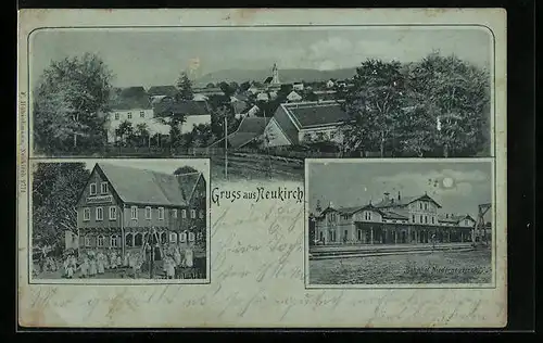 Mondschein-AK Neukirch /Lausitz, Gasthaus Bethlehemstift, Bahnhof, Gesamtansicht