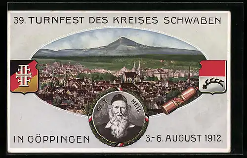AK Göppingen, 39. Turnfest des Kreises Schwaben 1912, Teilansicht, Turnvater Jahn