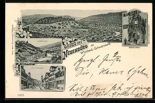 AK Neuenbürg i. Württ.-Schwarzwald, Totalansicht mit Vorstadt und Haupstrasse