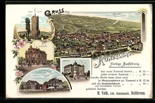 Lithographie Künzelsau, Seminar, Bahnhof, und Restauration, Wart-Turm