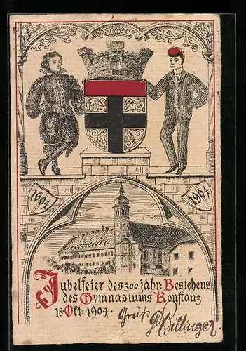 Künstler-AK Konstanz, Jubelfeier des 300 jährigen Bestehens des Gymnasiums 1904, Wappen, Festpostkarte