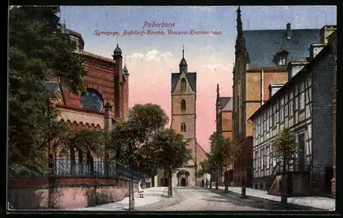 AK Paderborn, Synagoge mit Bussdorf-Kirche und Vincenz-Krankenhaus