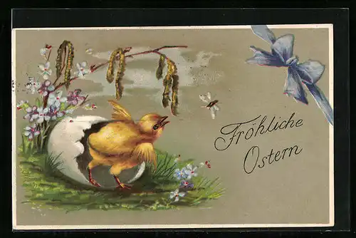 AK Osterküken schlüpft aus Osterei