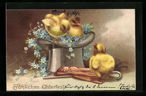 AK Fröhliche Ostern, Osterküken im Zylinder