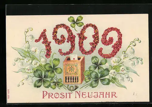 AK Jahreszahl mit Postkasten & Kleeblättern, Neujahrsgruss 1907