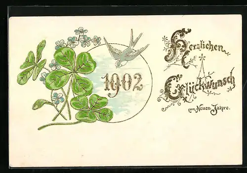AK Jahreszahl 1902 mit Kleeblättern und Schwalbe
