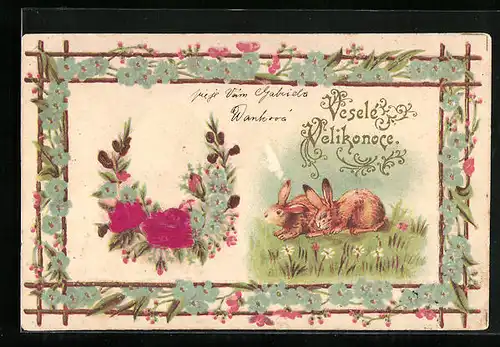 AK Osterhasen mit Blumenmotiv