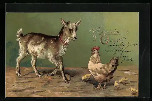 AK Osterküken tummeln sich zwischen Hahn und Ziege, Fröhliche Ostern