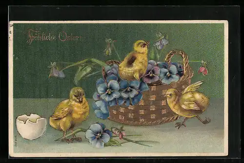AK Osterküken im Korb mit Blumen