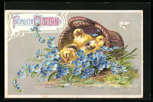 AK Osterküken mit Vergissmeinnicht