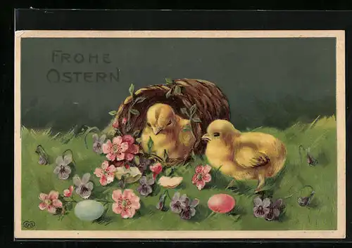 AK Osterküken im Korb, Blüten