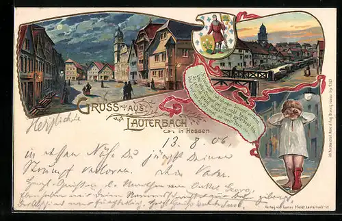 Lithographie Lauterbach /Hessen, Strassenpartie, Ortspartie, Kind ohne Socke