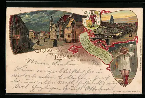 Lithographie Lauterbach /Hessen, Strassenpartie, Ortspartie, Kind ohne Socke