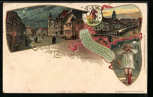 Lithographie Lauterbach /Hessen, Strassenpartie, Ortspartie, Kind ohne Socke