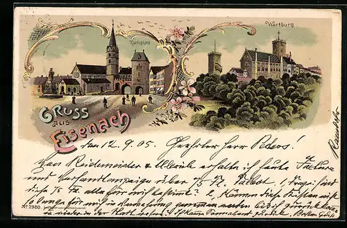 Lithographie Eisenach, Karlsplatz, Wartburg