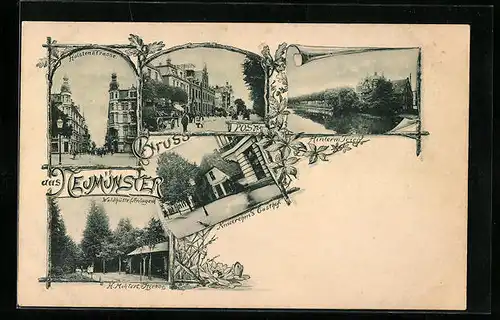 AK Neumünster, Holstenstrasse, Post, Waldhütte