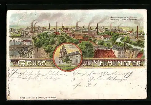 Lithographie Neumünster, Ortsansicht aus der Vogelschau vom evangelischen Thurm aus gesehen