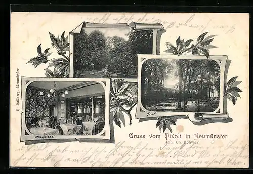 AK Neumünster, Gasthaus Tivoli, Muschelsaal, Garten